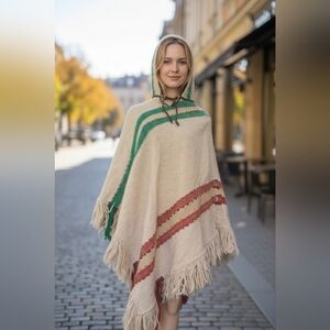 Vintage 100% Pure Virgin Wool Hand Woven Poncho With Hood & Frange Unisex